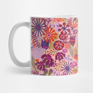 Doodle flowers. Tulips, dianthus, and lily flowers on a light pink background Mug